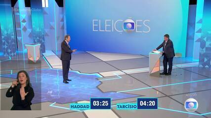 Debate em SP: Tarcísio (Republicanos) pergunta a Haddad (PT) sobre emprego e ajuste fiscal
