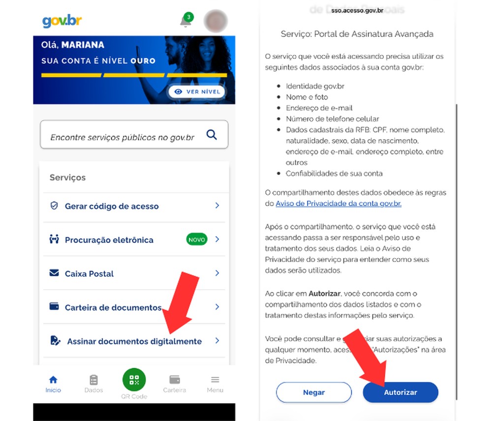 Primeiros passos para assinar um documento pelo app do Gov.br — Foto: Reprodução/Mariana Tralback