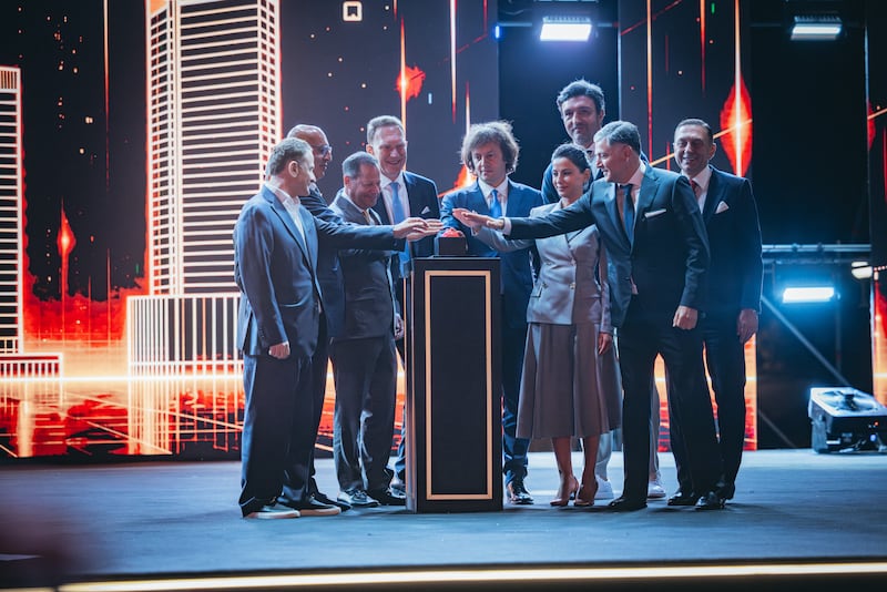Georgian Prime Minister Irakli Kobakhidze, centre, during the launch of Trump Tower Tbilisi.