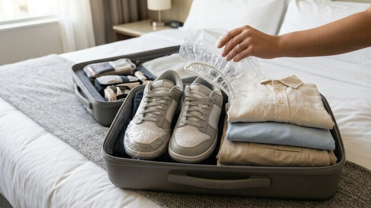 Uma touca de banho envolvendo os sapatos dentro da mala, o truque simples para impedir que a sola suja encoste nas roupas
