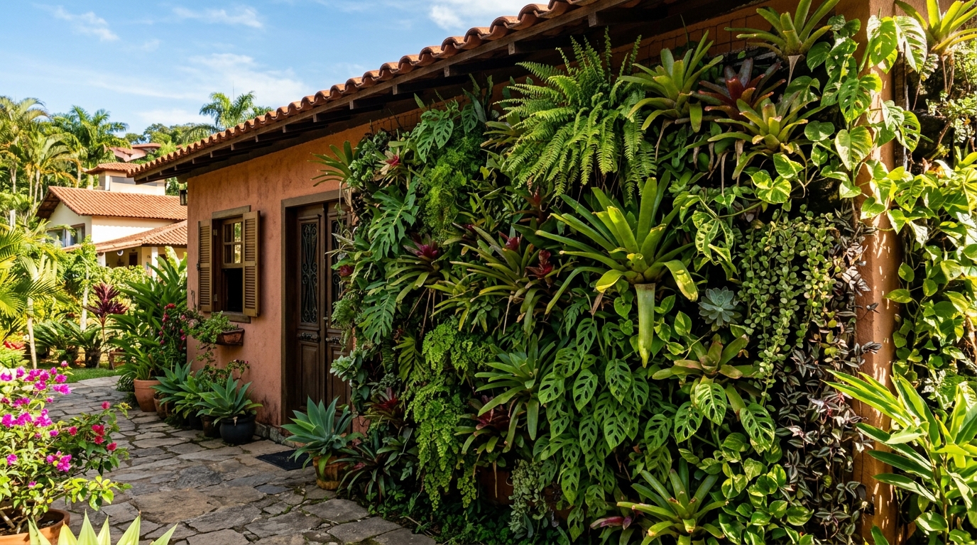 A gambiarra do jardim vertical na parede oeste que isola a casa como uma manta térmica: as plantas barram o sol da tarde, a parede esquenta menos e o interior se mantém fresco sem ligar o ar