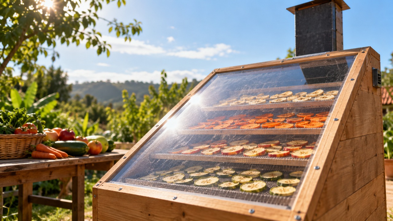 O desidratador caseiro com madeira, tela e cobertura transparente que usa apenas o calor do sol e a circulação natural do ar para retirar a umidade dos alimentos