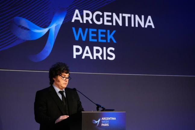 Argentina’s President Javier Milei delivers a statement at the Organisation for Economic Co-operation and Development (OECD) headquarters, ahead of the ‘’Argentina Week’’, an event aimed at promoting investment and business opportunities, in Pari