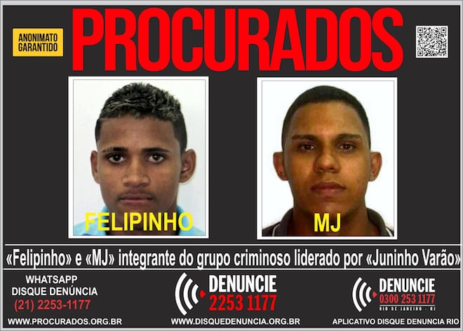 Disque Denúncia divulga cartaz de dois milicianos foragidos ligados a ‘Juninho Varão’ no RJ