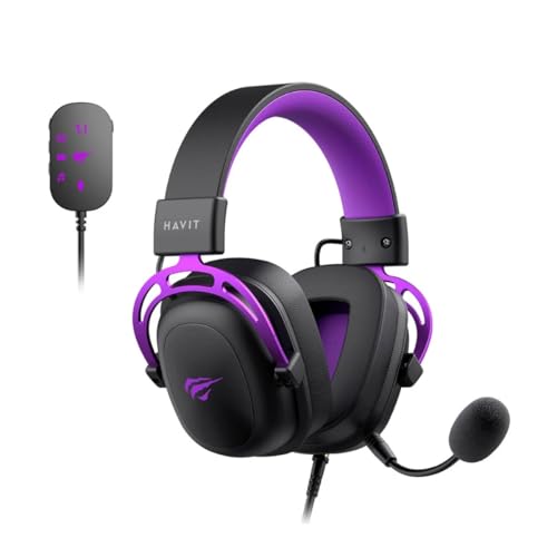 Headset Gamer Havit Gamenote H2002C + U Adaptador USB 7.1, P3, Adaptador P2 para PC, Microfone Destacável, Preto/Roxo